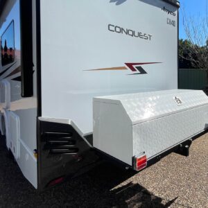 Rack N Roll Motorhome towbar receiver mounted storage base holding a checkerplate toolbox